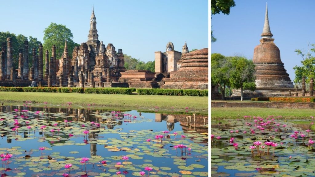 Ancient temple ruins and stupas beside a lotus-filled pond