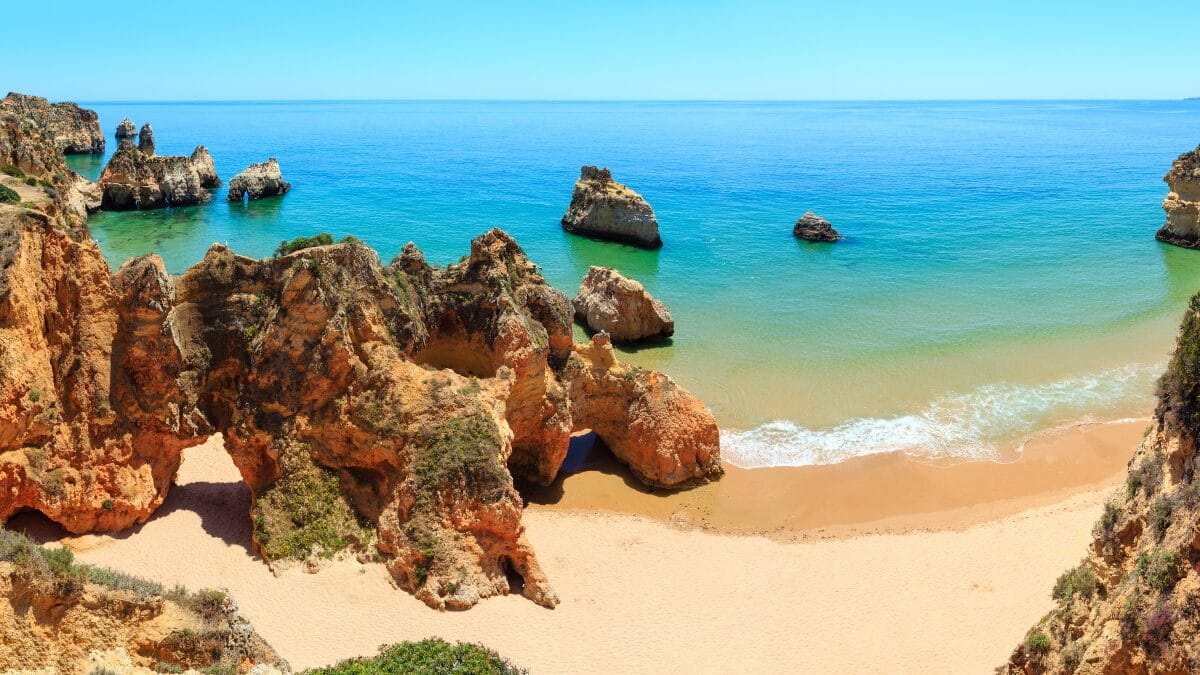 Lime stone cliffs and turquoise jade water of the Algarve, Portugal