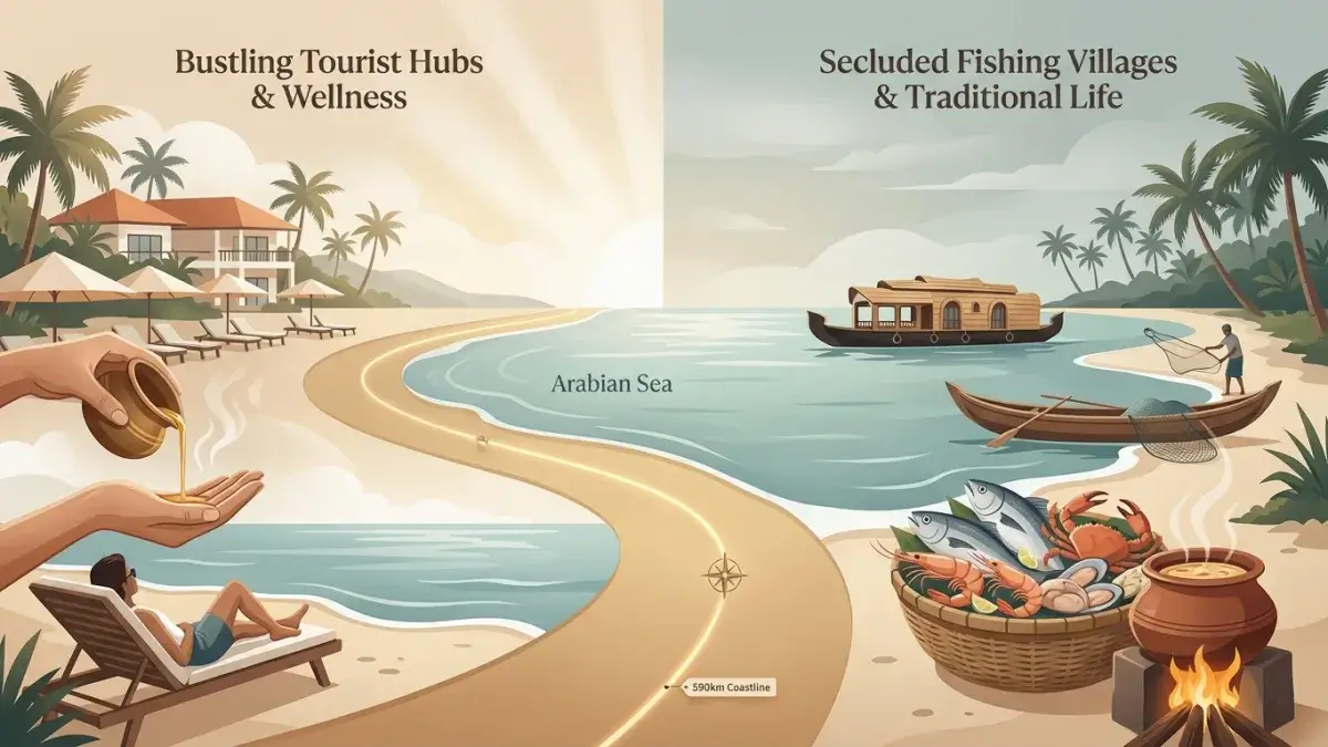 Golden sands and traditional fishing boats line the beautiful Arabian Sea coast in a tranquil Kerala beach town.