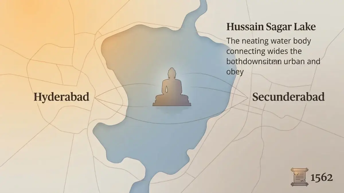 The majestic Buddha statue standing in the middle of Hussain Sagar Lake in Hyderabad.
