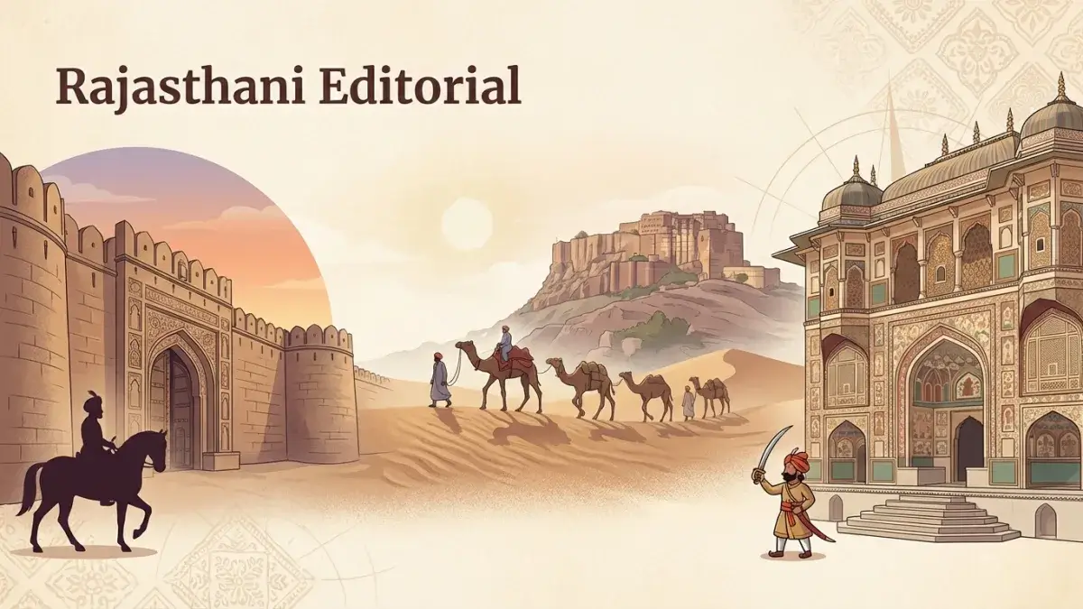 An imposing ancient stone fort sits atop a rocky hill overlooking the vast Rajasthan desert landscape.