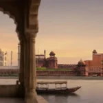 Majestic architectural landmarks of the Golden Triangle in India during a vibrant sunrise.