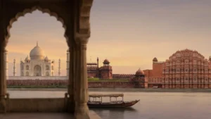 Majestic architectural landmarks of the Golden Triangle in India during a vibrant sunrise.