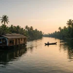 Traditional houseboat sailing through the lush green backwaters of Kerala under a clear sky.