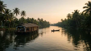 Traditional houseboat sailing through the lush green backwaters of Kerala under a clear sky.