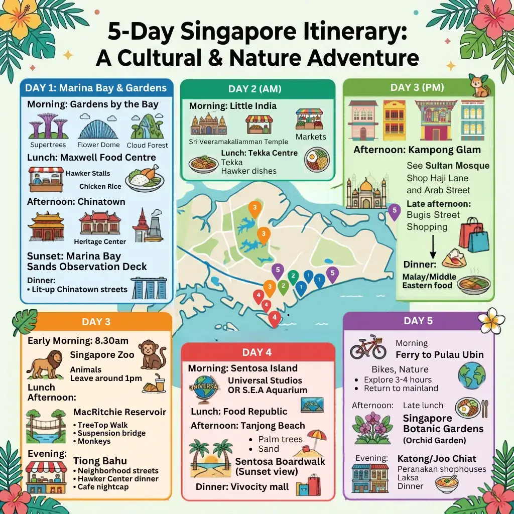 5 day Singapore travel itinerary and map of attractions