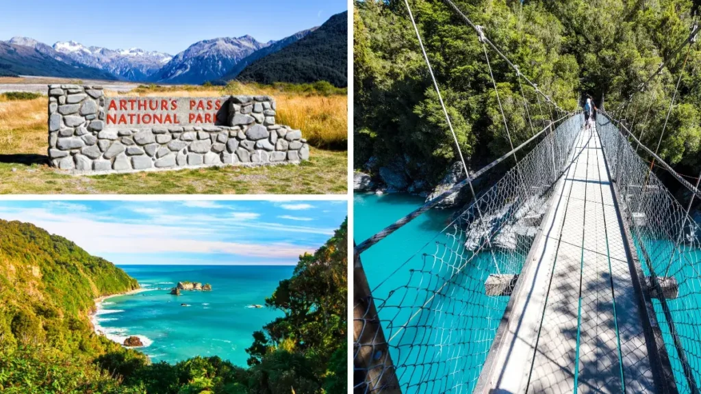 Arthurs Pass (Top Left), Hokitika Gorge (Right), West Coast of South Island (Bottom Left)