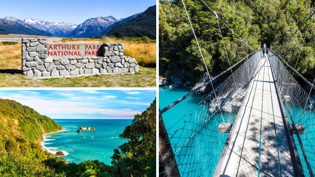 Arthurs Pass (Top Left), Hokitika Gorge (Right), West Coast of South Island (Bottom Left)
