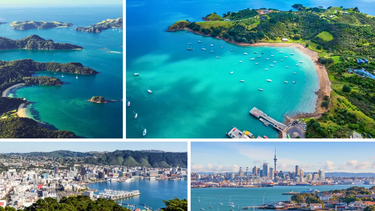 Bay of Islands (TL), Waiheke Island (TR), Wellington (BL), Auckland (BR)