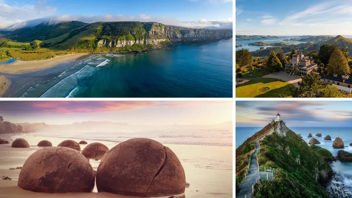 Catlins Coast (TL), Larnachs Castle Dunedin (TR), Moeraki boulders (BL), Nugget Point Lighthouse(BR)
