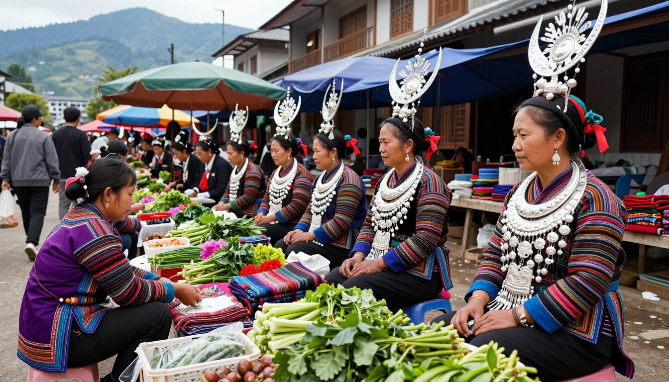 Colorful Bac Ha Sunday market with Flower Hmong women in traditional dress selling goods