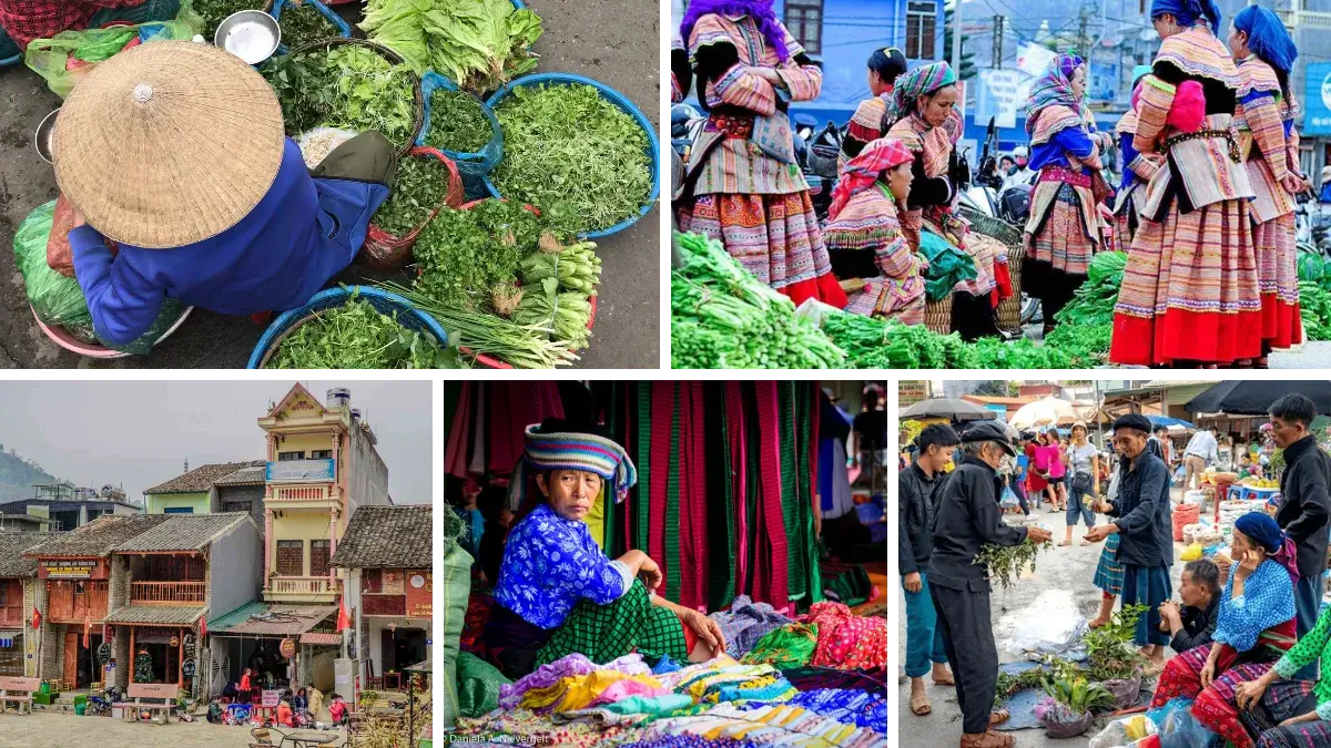 Colorful Sunday market in Dong Van with locals in traditional dress Vietnam off the beaten track