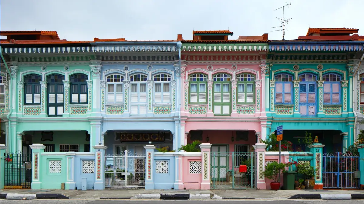 Colorful shophouses in Chinatown Singapore with heritage architecture and cultural shops