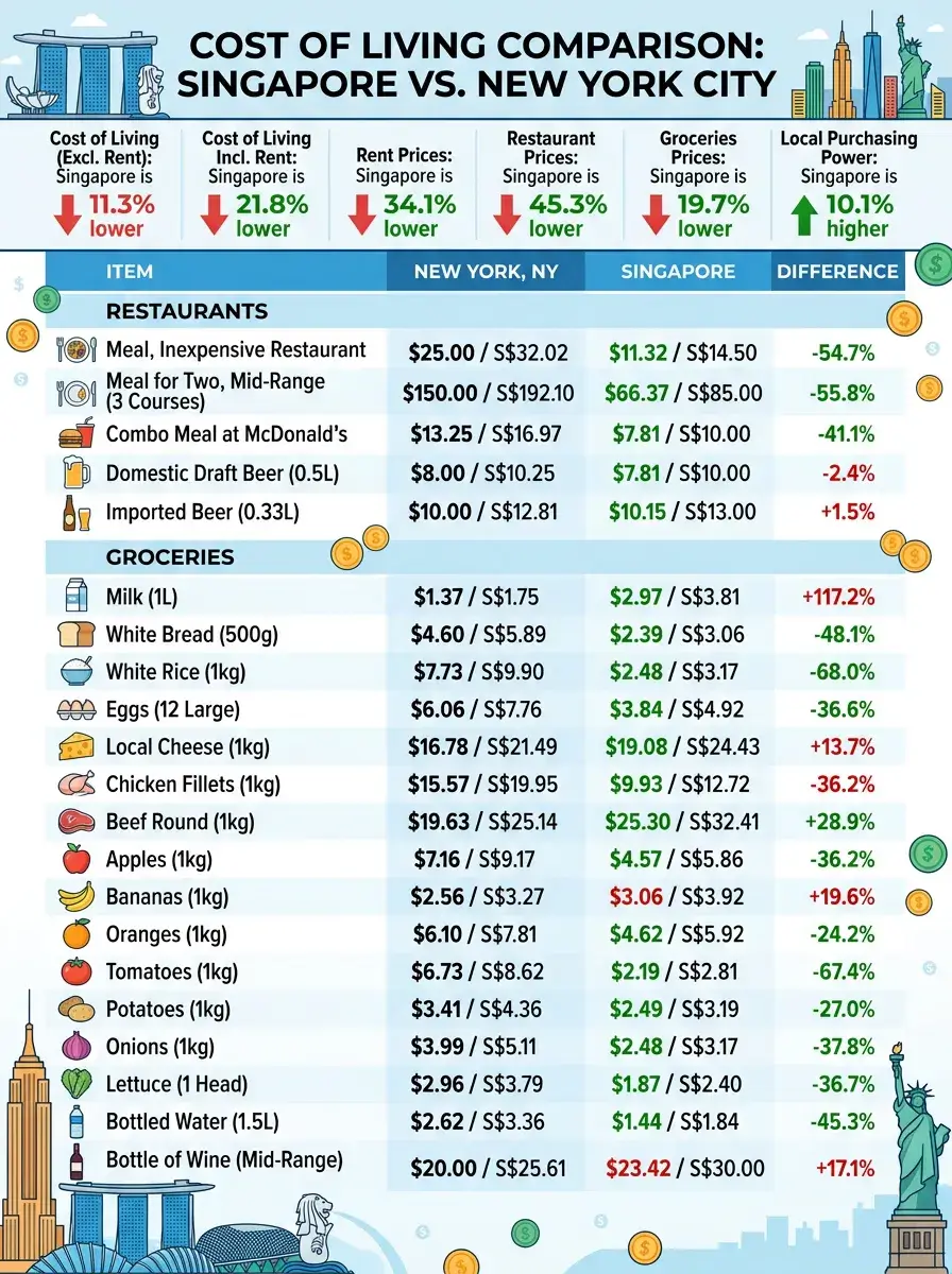 Costs of everyday items and meal budget compared - Singapore and New York