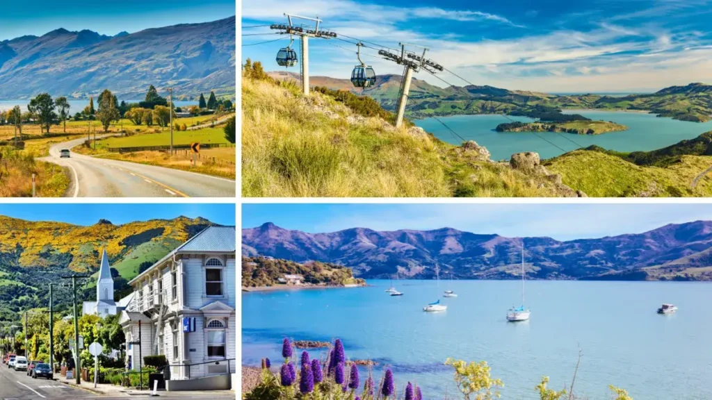 Driving from Mt Cook to Christchurch (Top Left), Christchurch Gondola and the Lyttelton Port, Banks Peninsula (Top Right), Akaroa (Bottom Left) Akaroa Harbor Views (Bottom Right)