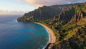 Hawaii travel package deals scenic coastline with turquoise waters and volcanic mountains