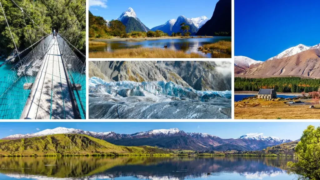 Hokitika Gorge (TL), Milford Sound (TM), Lake Tekapo (TR), Franz Joseph Glacier (M), Lake Hayes Reflecting Coronet Mountains, Queenstown (B)