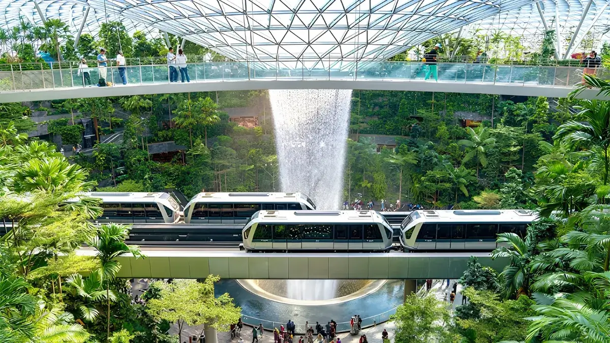 Interior view of Jewel Changi Airport featuring the Rain Vortex waterfall and indoor forest