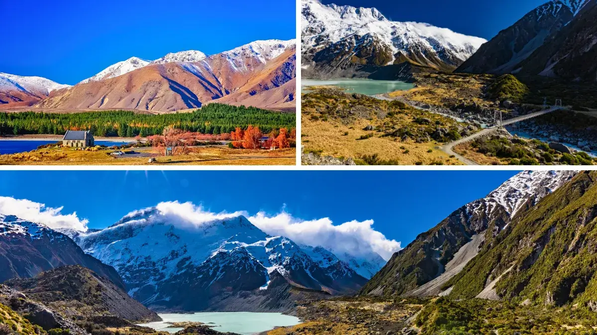 Lake Tekapo and the church of the Good Shepherd (Top Left), Hooker Valley Track (Top Right), Aoraki Mount Cook National Park (Bottom)