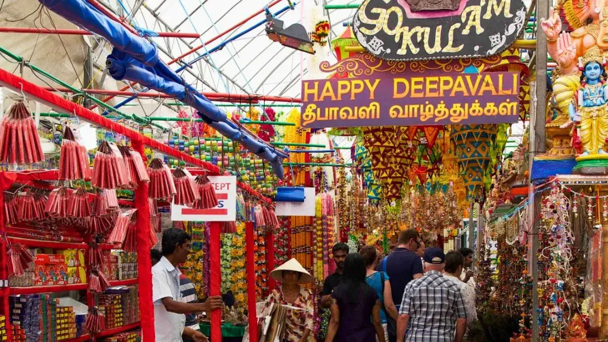 Little India district during Deepavali festival with colorful decorations and cultural celebrations