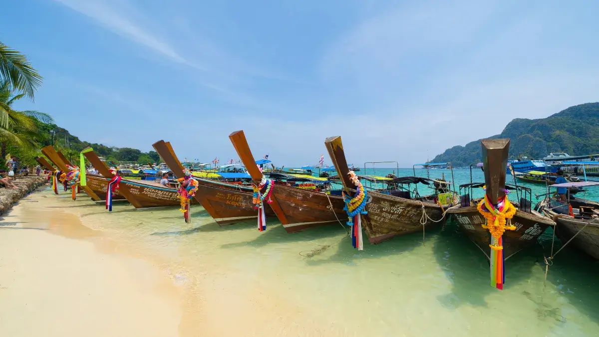 Longtail Boats in Phi Phi, Maya Beach with Blue Turquoise Seawater