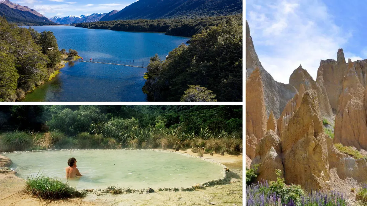 Mavora Lakes (TL), Omarama Clay Cliffs (R), Welcome Flat Hot Pools (BL)