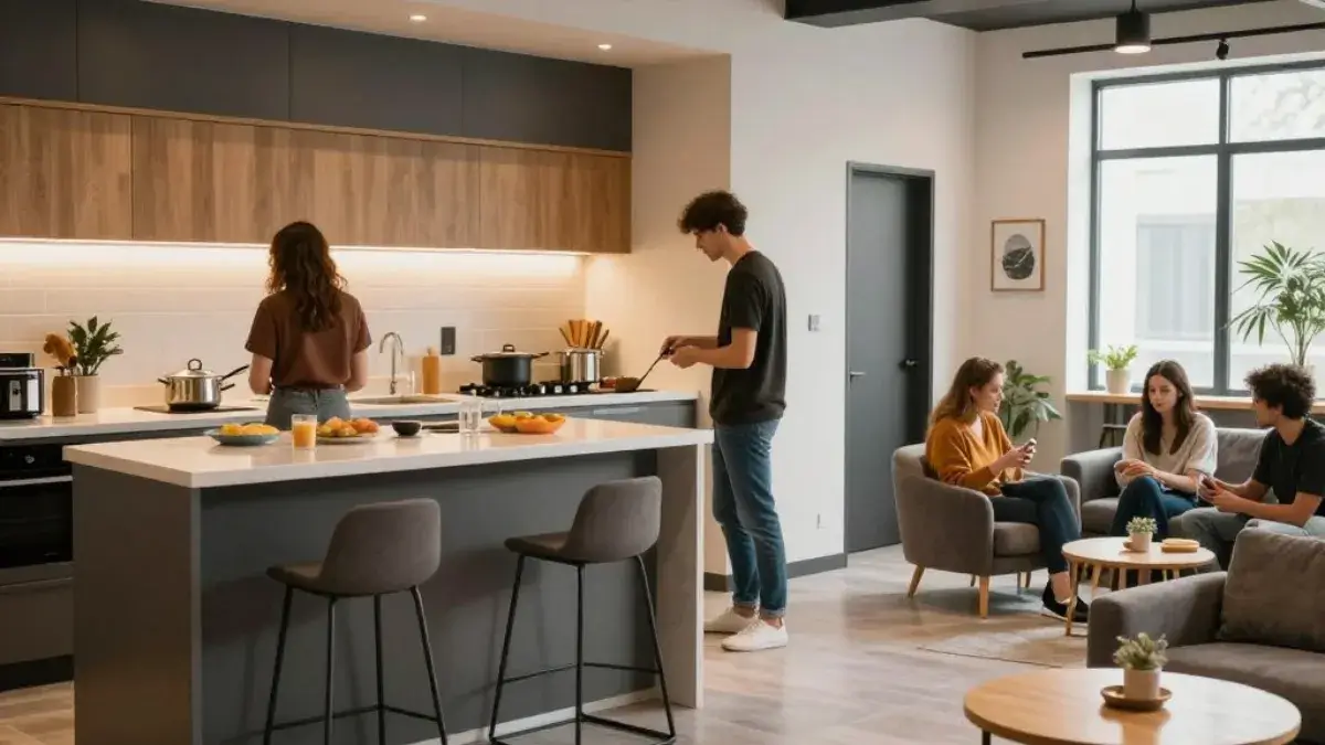 Modern hostel common area and kitchen facilities