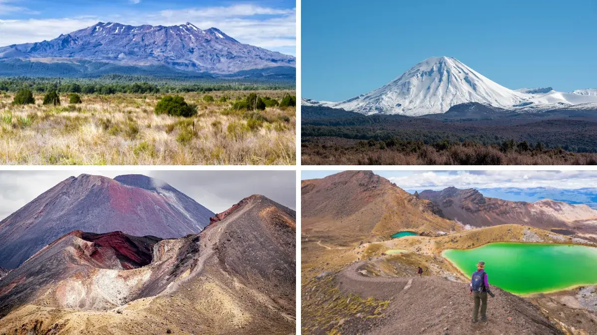 Mt Ruapehu (TL), Mt Ngauruhoe (TR), Mt Tongoriro (BL), Tongariro National Park, New Zealand (BR)