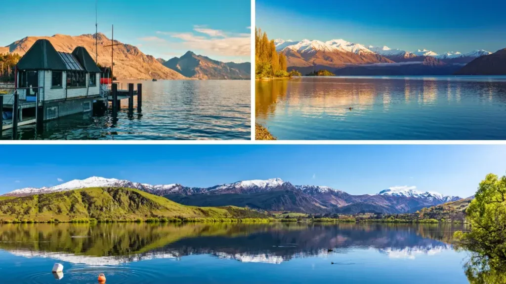 Queenstown Waterfront (Top Left), Morning view of Lake Wanaka and Buchanan Peaks, (Right), Lake Hayes Reflecting Coronet Mountains, near Queenstown (Bottom)