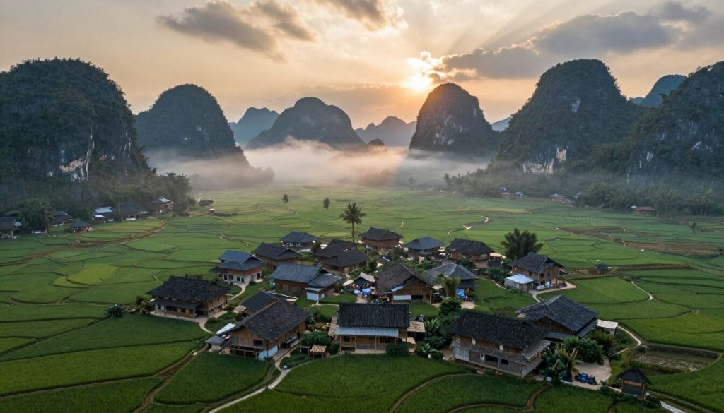 Remote Vietnamese village nestled in misty mountains with traditional houses and terraced rice paddies