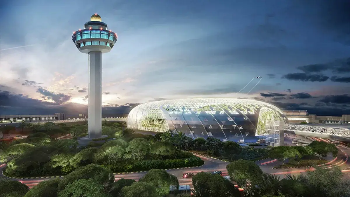 Singapore Changi Airport exterior showing modern terminal architecture and efficient transport connections