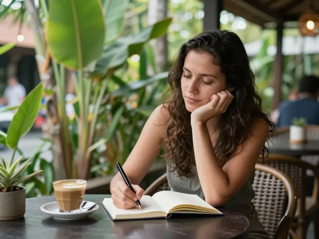 Solo traveler journaling at Bali cafe
