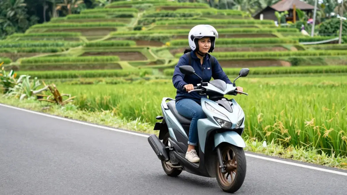 Solo traveler riding scooter in Bali