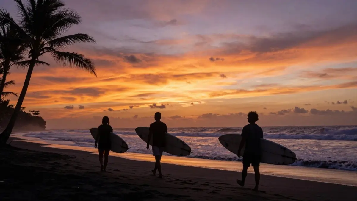 Surfers at Echo Beach Canggu during sunset session