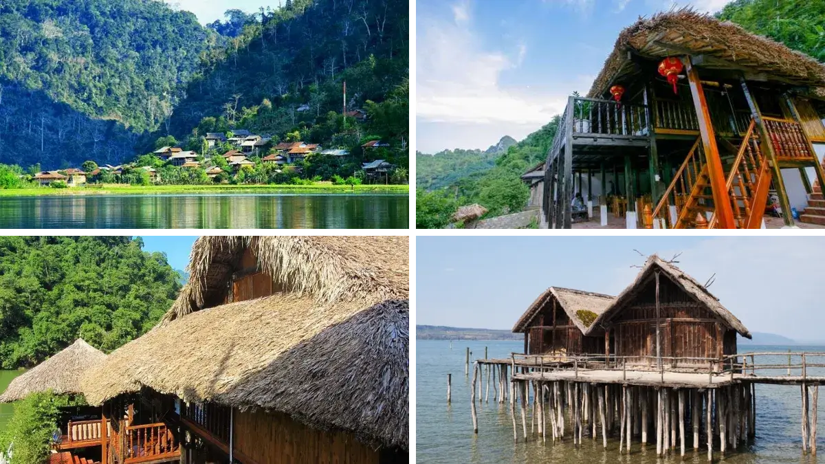 Traditional Tay stilt house homestays on Ba Be Lake shoreline