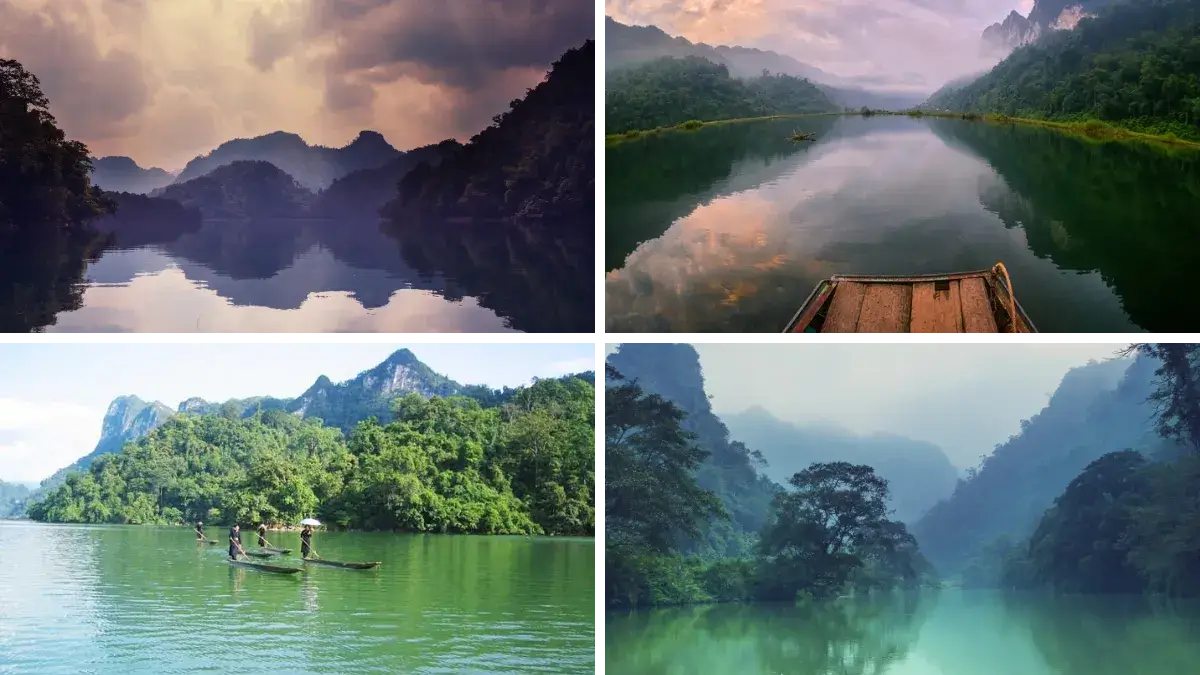 Tranquil Ba Be Lake with traditional boats