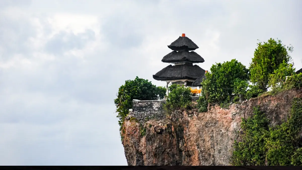 Uluwatu Temple perched on cliff edge at sunset