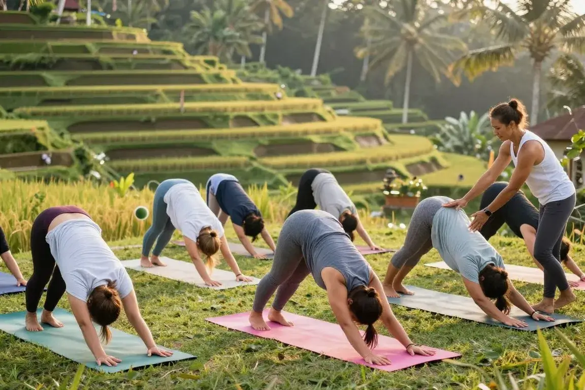 Yoga class in Ubud with rice field views