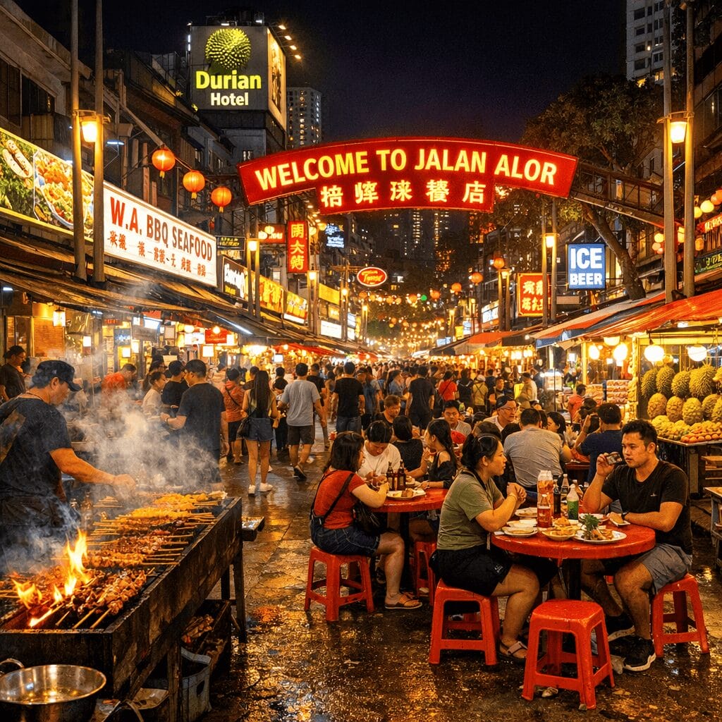 A bustling Jalan Alor table scene with satay smoke, neon signs and vibrant nightlife