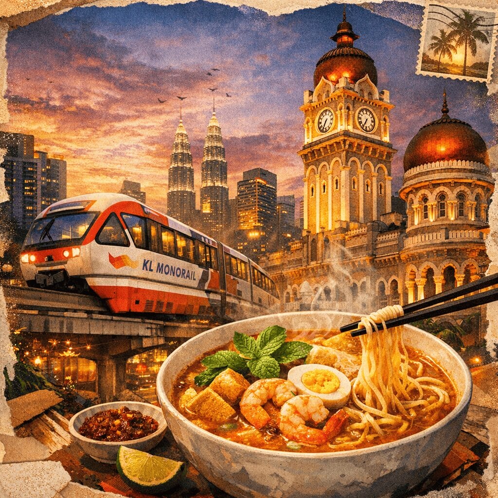 A collage style scene blending a KL monorail, a steaming bowl of curry laksa, and the Sultan Abdul Samad building at dusk.