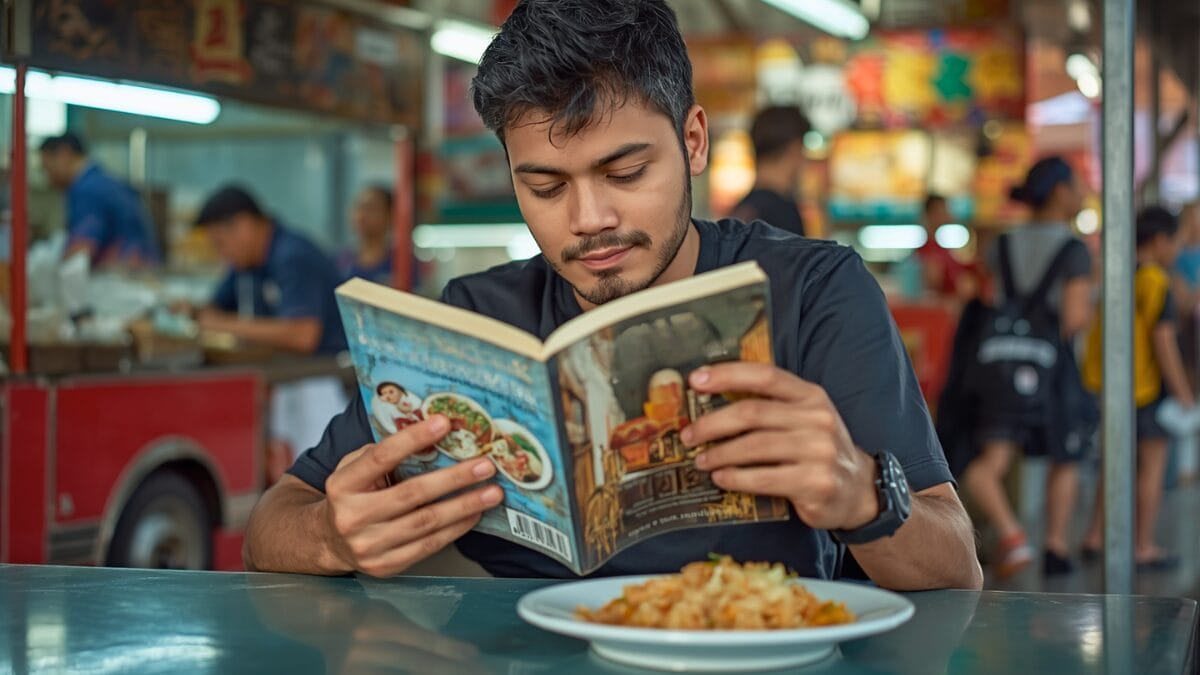 a solo traveler enjoys a break at a hawker center