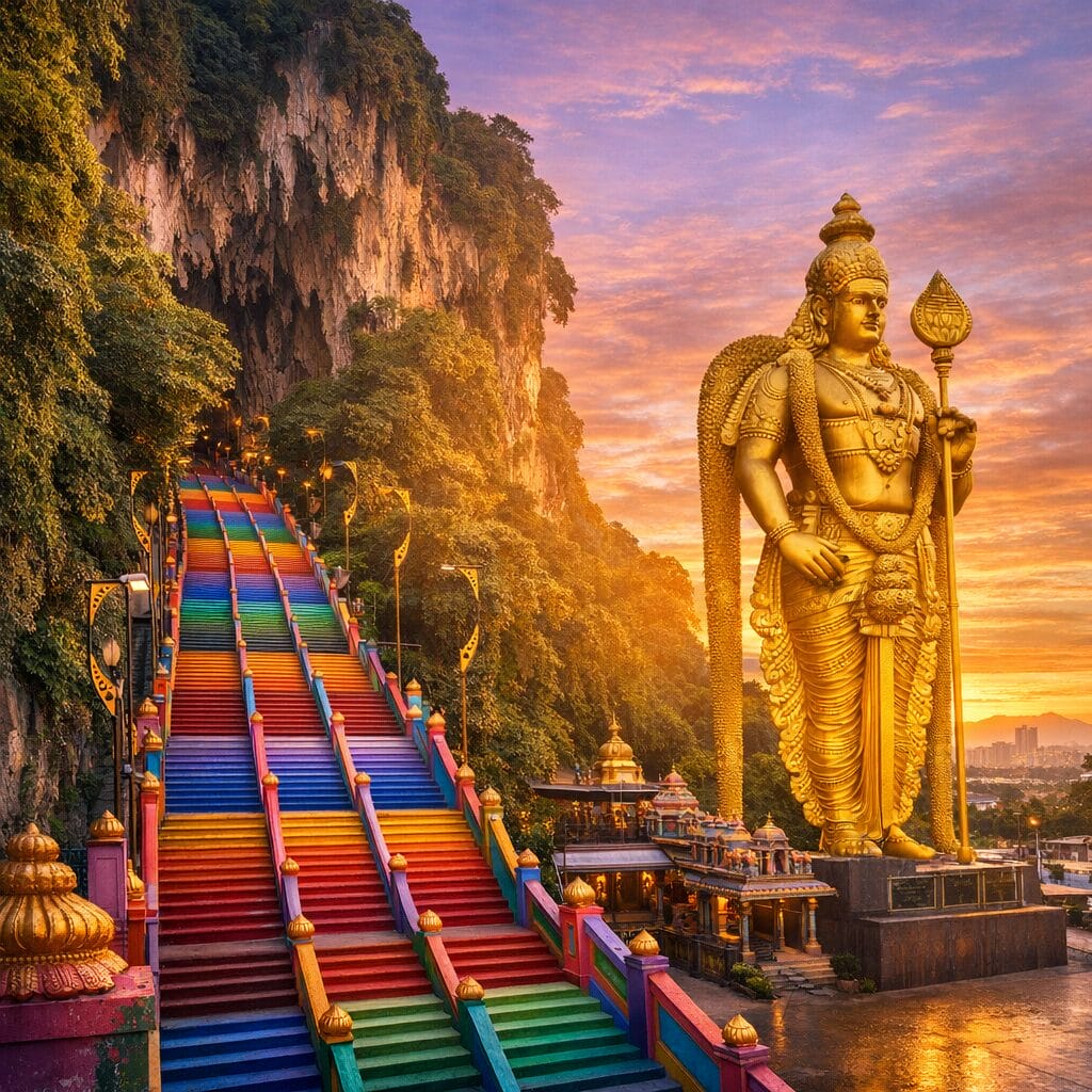 Batu Caves staircase at sunrise with colorful steps and golden Murugan statue