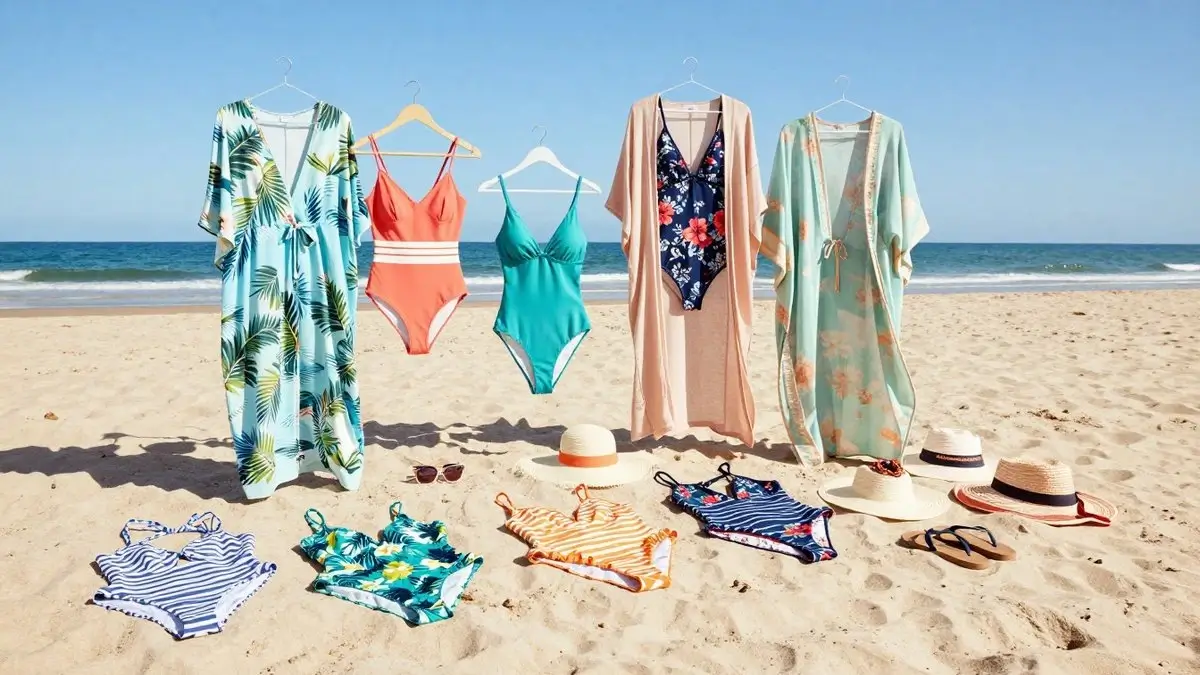 A vibrant beach scene showcasing a variety of stylish, colorful swimsuits and cover-ups arranged aesthetically on a sunlit sandy shore. In the foreground, feature neatly laid-out swimwear in assorted patterns, including tropical prints, stripes, and florals, complemented by lightweight cover-ups like kaftans and sarongs in soft, flowing fabrics. In the middle, include playful beach accessories like wide-brimmed hats, sunglasses, and flip-flops to evoke the joy of beach outings. The background showcases a clear blue sky and gentle waves, creating a peaceful and inviting atmosphere. The lighting is bright and cheerful, embodying the essence of summer. Capture this scene with a slightly elevated angle, ensuring a fresh perspective. This image represents the perfect beach getaway essentials, reflecting the brand "Destinations Uncovered."