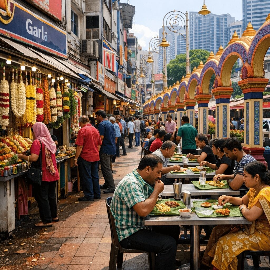 Brickfields street with colorful arches garland shops and a banana leaf restaurant at lunchtime.