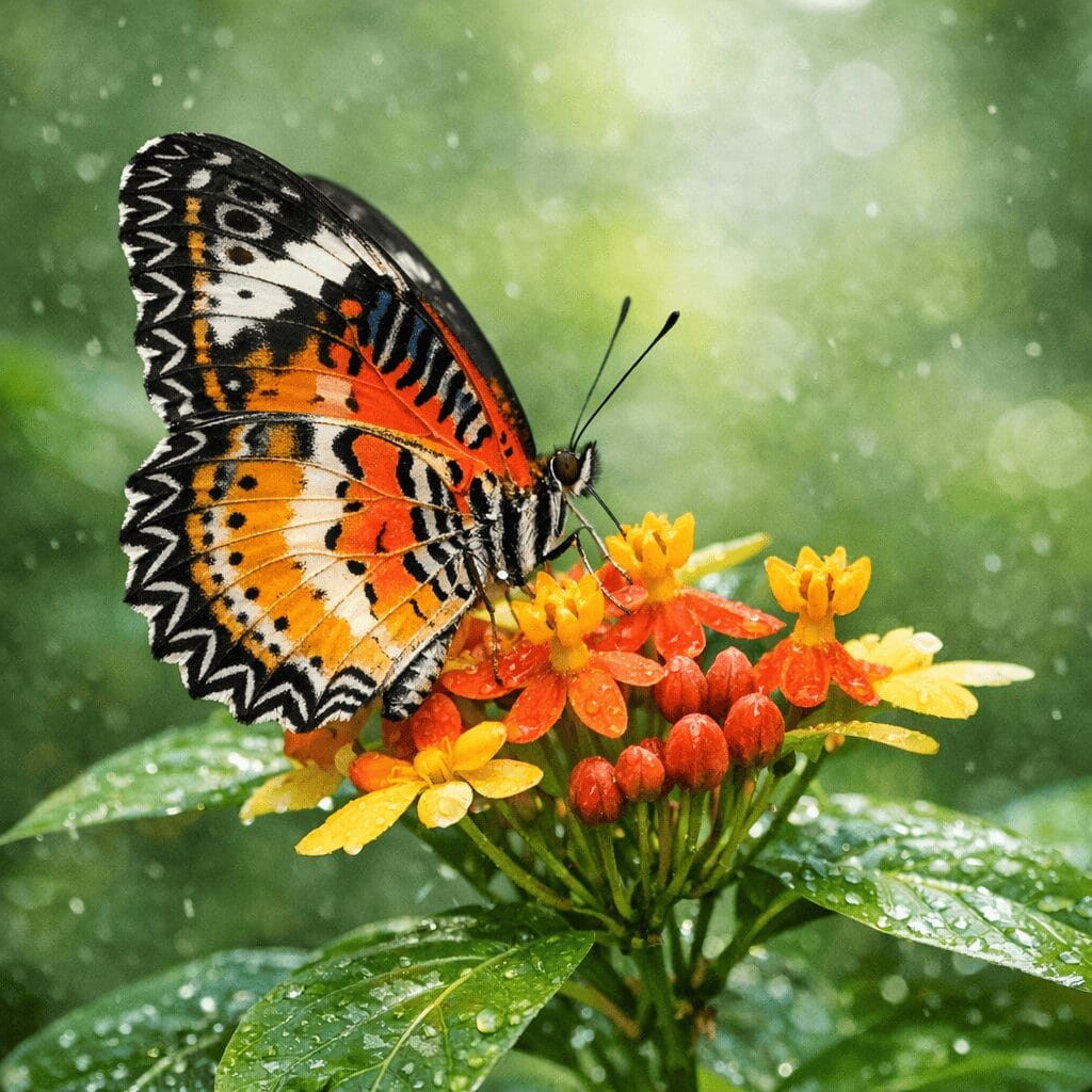 Close up of a brightly colored butterfly resting on tropical flowers inside KL Butterfly Park with soft green background and natural humidity.