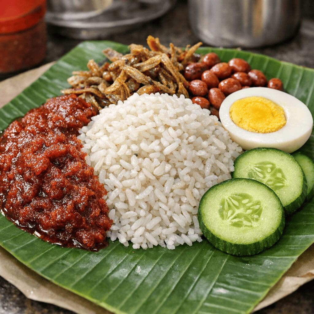 Close up of Nasi Lemak with sambal anchovies, cucumber, egg, and peanuts on a banana leaf at a KL hawker stall.