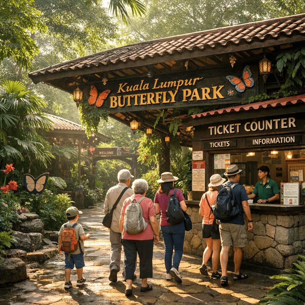 Entrance area of KL Butterfly Park with ticket counter tropical greenery and visitors arriving in the morning light.