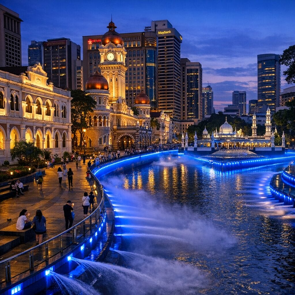 Evening river of life promenade with blue lighting and colonial era facades nearby