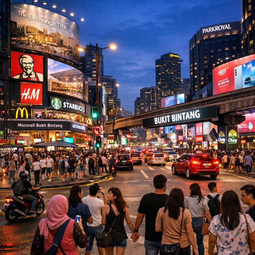 Evening street scene in Bukit Bintang with bright signs pedestrians and city traffic.
