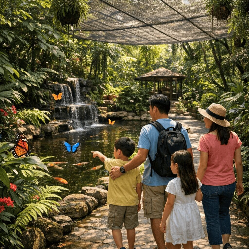 Family walking slowly along a shaded path inside KL Butterfly Park observing butterflies near a pond and tropical foliage.